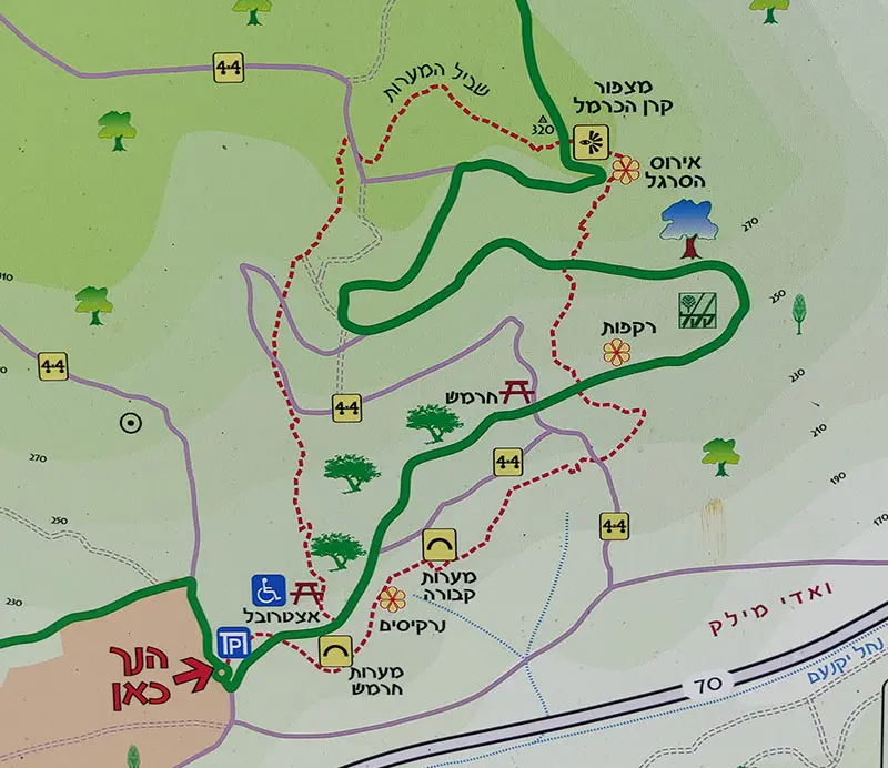 מפה של שביל המערות בכרמל